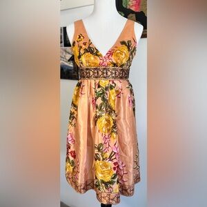 VTG Y2K Forever Twenty Co Peach Floral Satin Beaded Empire Waist Dress S